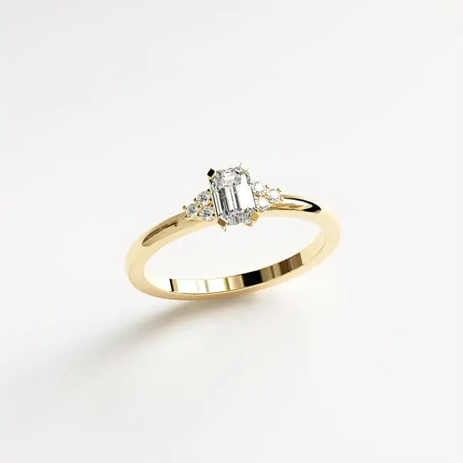 prstan zaročni  emerald brus moissanite 6x4 mm belo zlato 14k