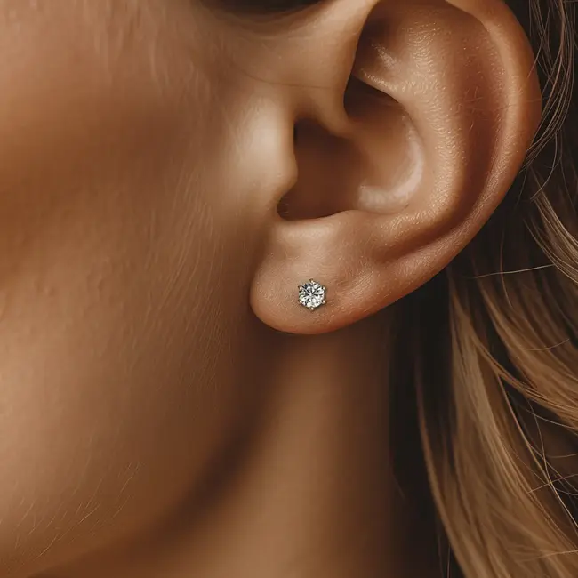 zlati enostavni uhani z diamantom 2x 0.20 ct na ušesu