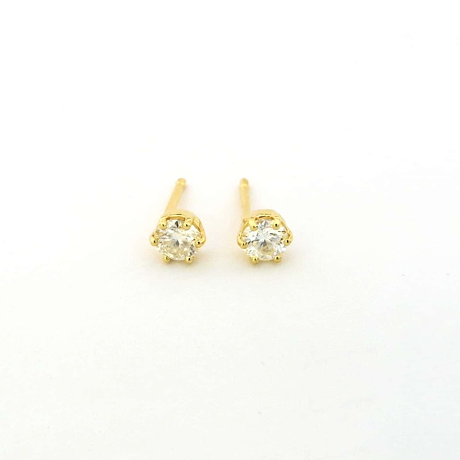 rumeni zlati ženski uhani modern minimalističen dizajn z belim kamnoma 5 mm 2 x 0.50 ct