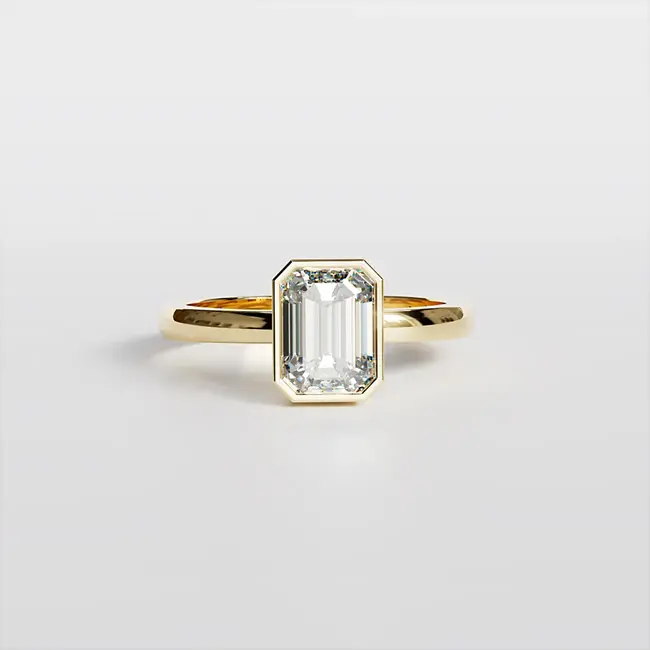 zaročni prstan 8x6 emerald z robom bezel diamant vvs d rumeno 14k zlato pogled od spredaj