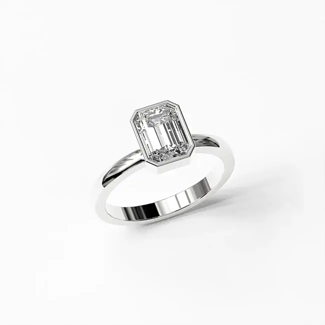 zaročni prstan 8x6 emerald z robom bezel moisanite vvs d belo 14k zlato z vrha