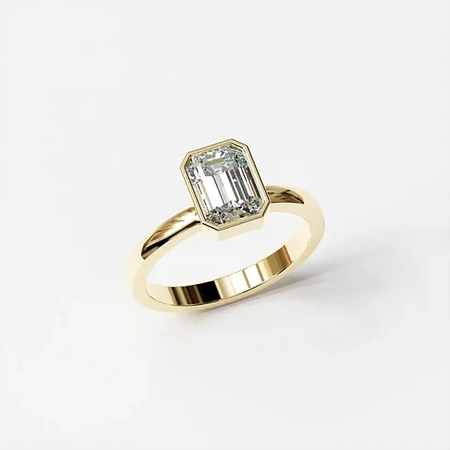 zaročni prstan 8x6 emerald z robom bezel moisanite vvs d rumeno 14k zlato z vrha