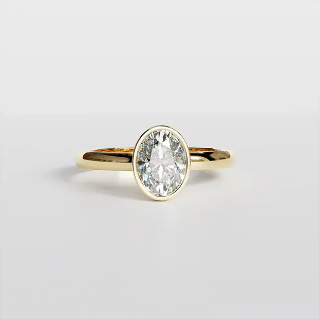 zaročni prstan 8x6 ovalni z robom bezel moissanite vvs d rumeno 14k zlato od spredaj