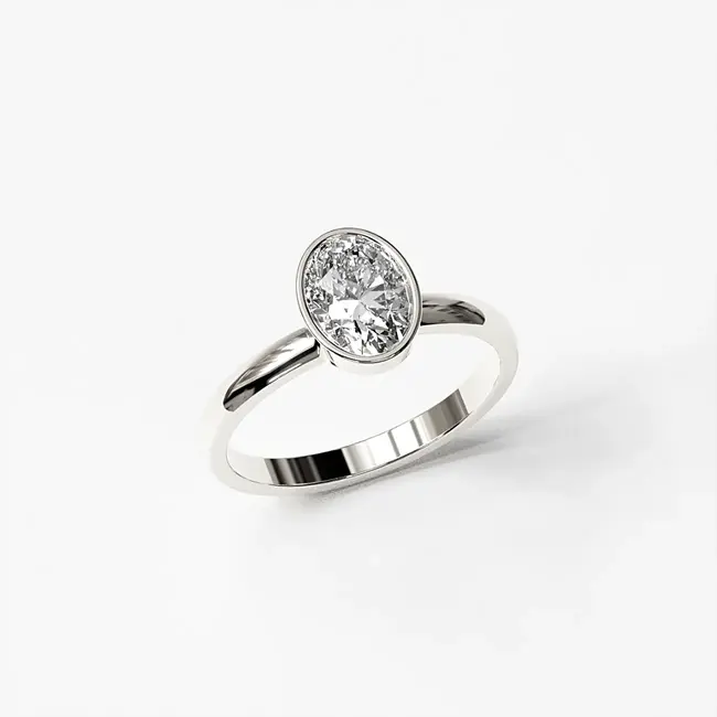 zaročni prstan 8x6 ovalni z robom bezel moisanite vvs d belo 14k zlato z vrha