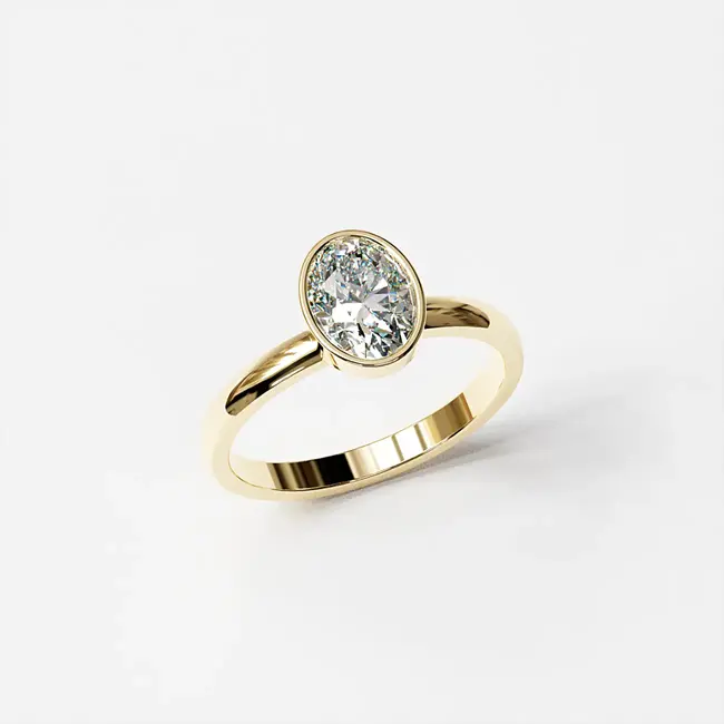 zaročni prstan 8x6 ovalni z robom bezel moisanite vvs d rumeno 14k zlato z vrha