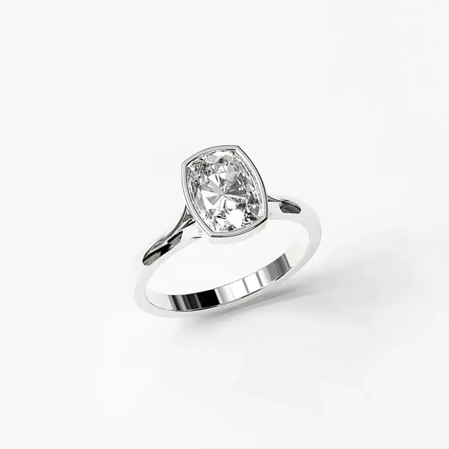 zaročni prstan 8x6 cushion z robom bezel umetni diamant vvs d belo 14k zlato z vrha