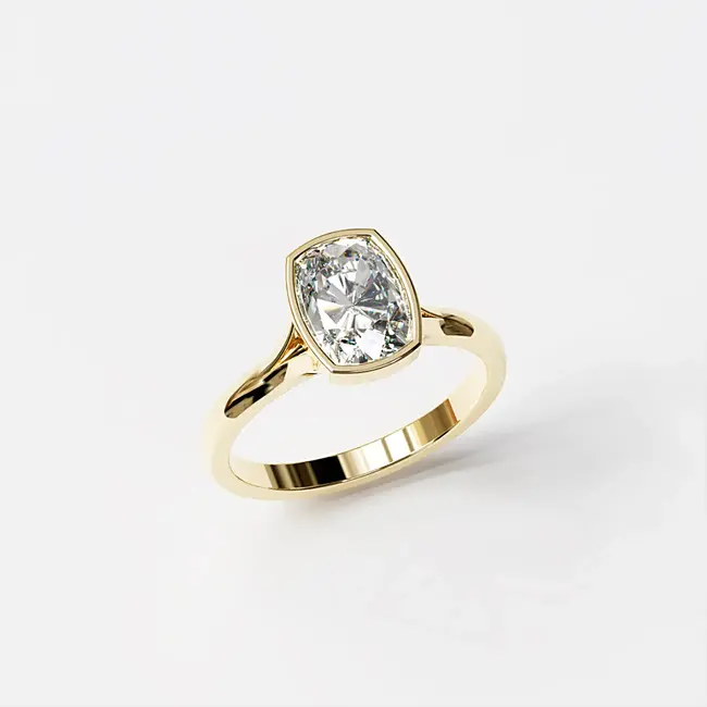 zaročni prstan 8x6 cushion z robom bezel umetni diamant vvs d rumeno 14k zlato z vrha