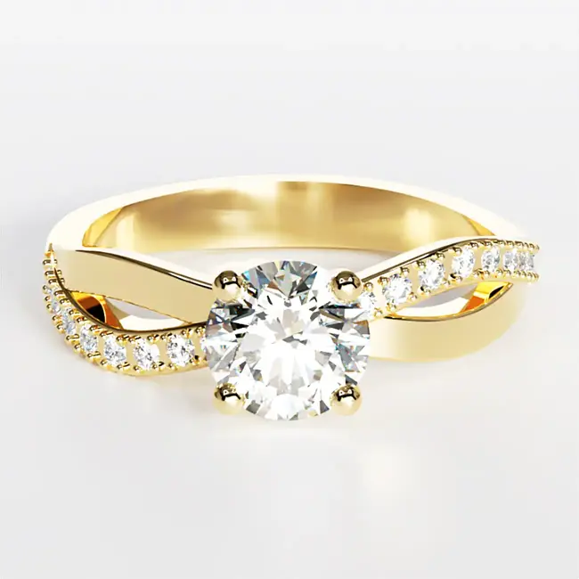 forlovelsesring i gult forgyldt guld og labdiamanter i entangled buet form