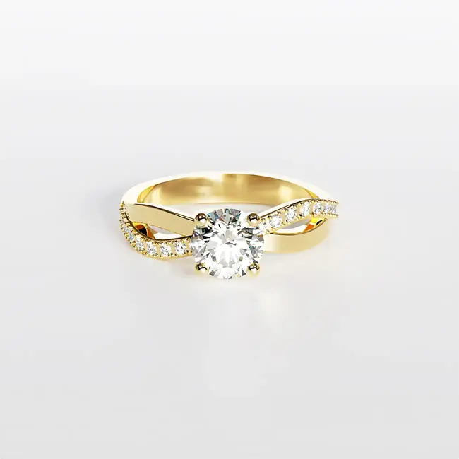 forlovelsesring i gult forgyldt guld og moissanitsten viklet ind i buet form