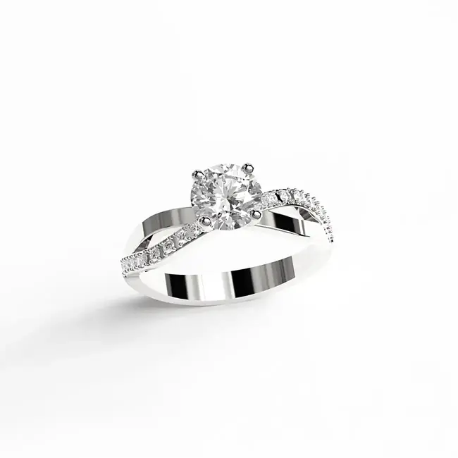 ring i hvidt forgyldt guld og diamanter viklet ind i buet form