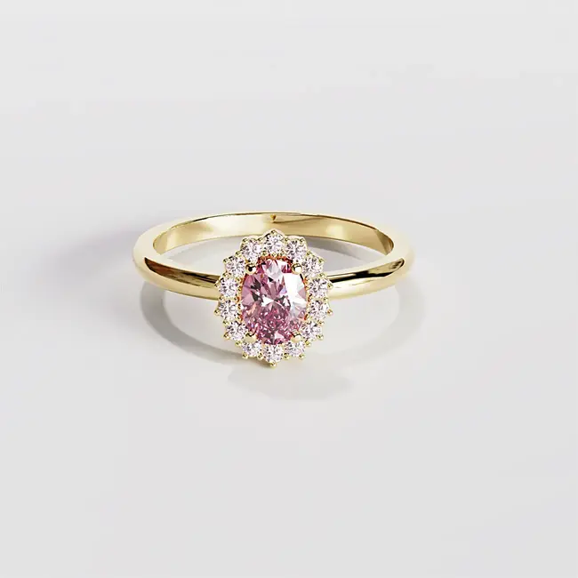 Gelbgoldener rosa ovaler Halo-Ring mit Labordiamanten