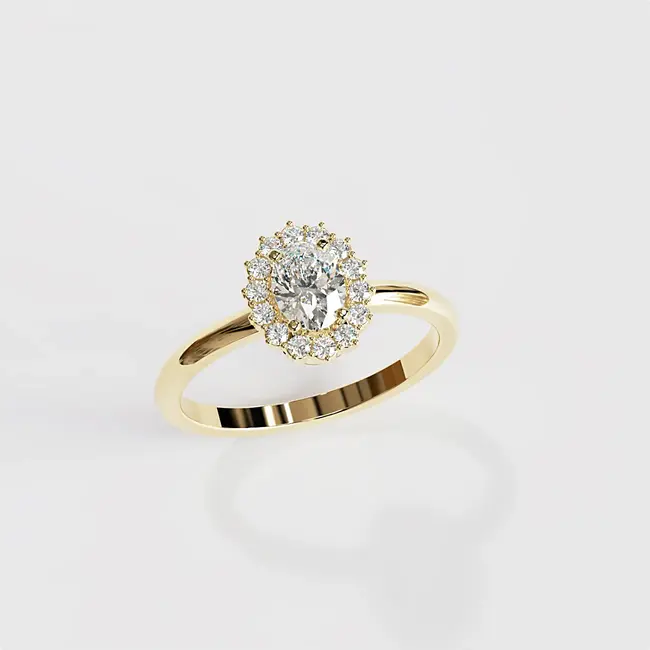 ovaler Ring aus Gelbgold mit Diamant-Halo, Seitenansicht
