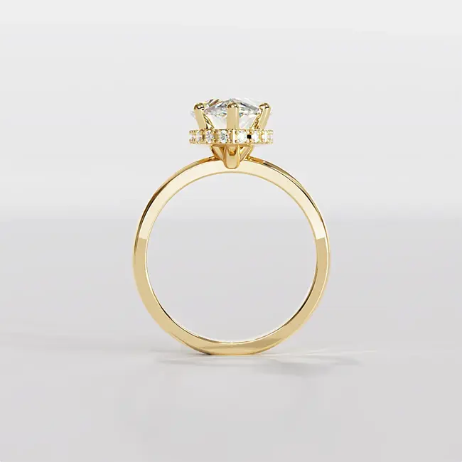 Gelbgoldener Birnenring mit Diamant und verstecktem Halo, Seitenansicht