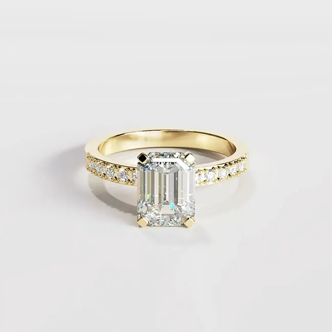 rumeno zlato emerald brus pave zaročni prstan