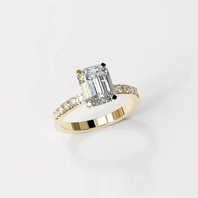 rumeno zlato emerald brus diamant pave zaročni prstan