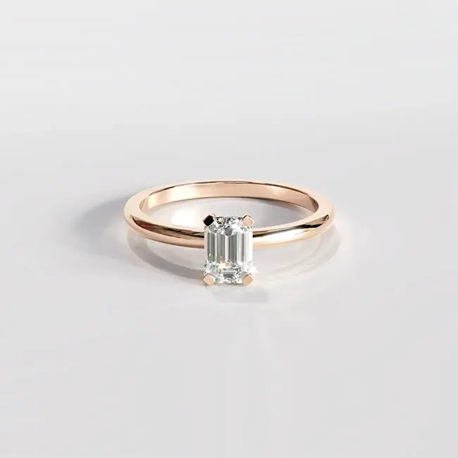 Verlovingsring met minimalistische smaragdgeslepen diamant van 0,5-0,6 ct, laboratoriumdiamant, roségoud en massief goud.