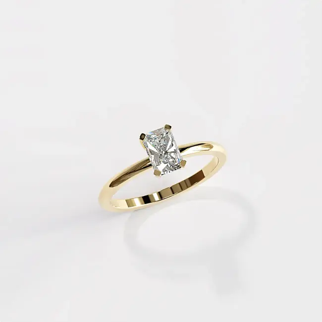Verlovingsring met minimalistische radiant-slijping, 0,5-0,6 ct diamant, geelgoud, massief goud.