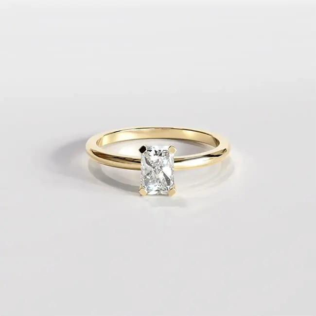 Verlovingsring met minimalistische radiant slijping, 0,5-0,6 ct moissanite, geelgoud, massief goud.