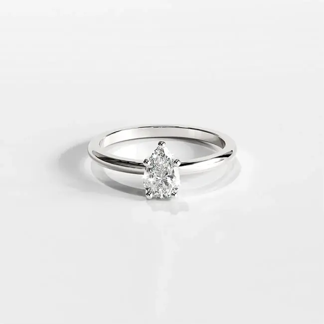 Verlovingsring met minimalistische peervormige diamant van 0,5-0,6 ct, laboratoriumgeslepen, wit en massief goud.