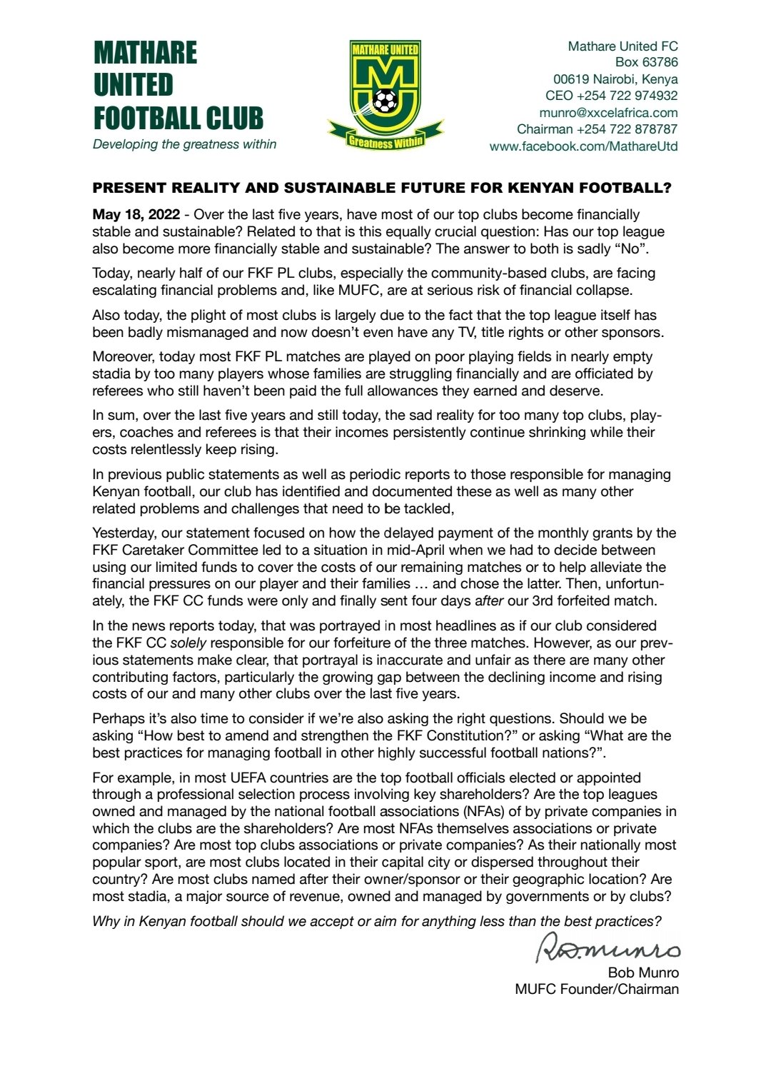 Full Mathare United statement