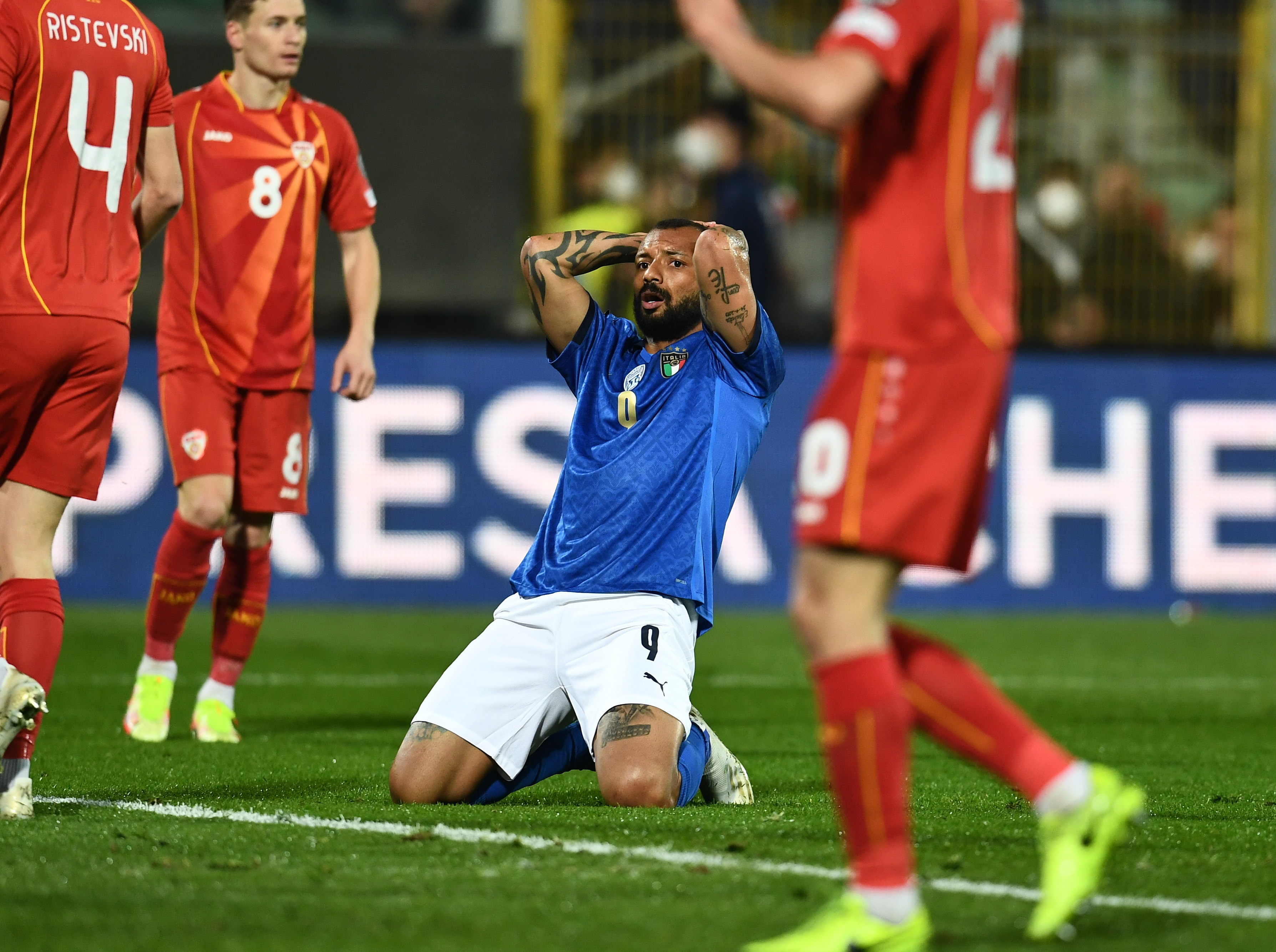 Joao Pedro of Italy reacts during the 2022 FIFA World Cup Qualifier knockout round play-off match between Italy and North Macedonia at Stadio Comunale Renzo Barbera on March 24, 2022 in Palermo, Italy . (©Claudio Villa/Getty Images)