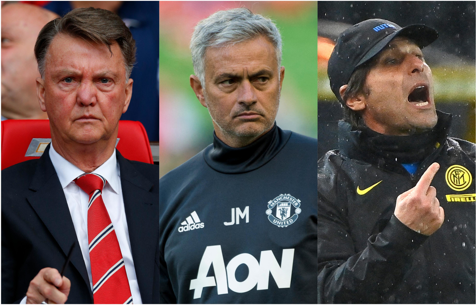 Louis Van Gaal, Jose Mourinho and Antonio Conte (©AFP)