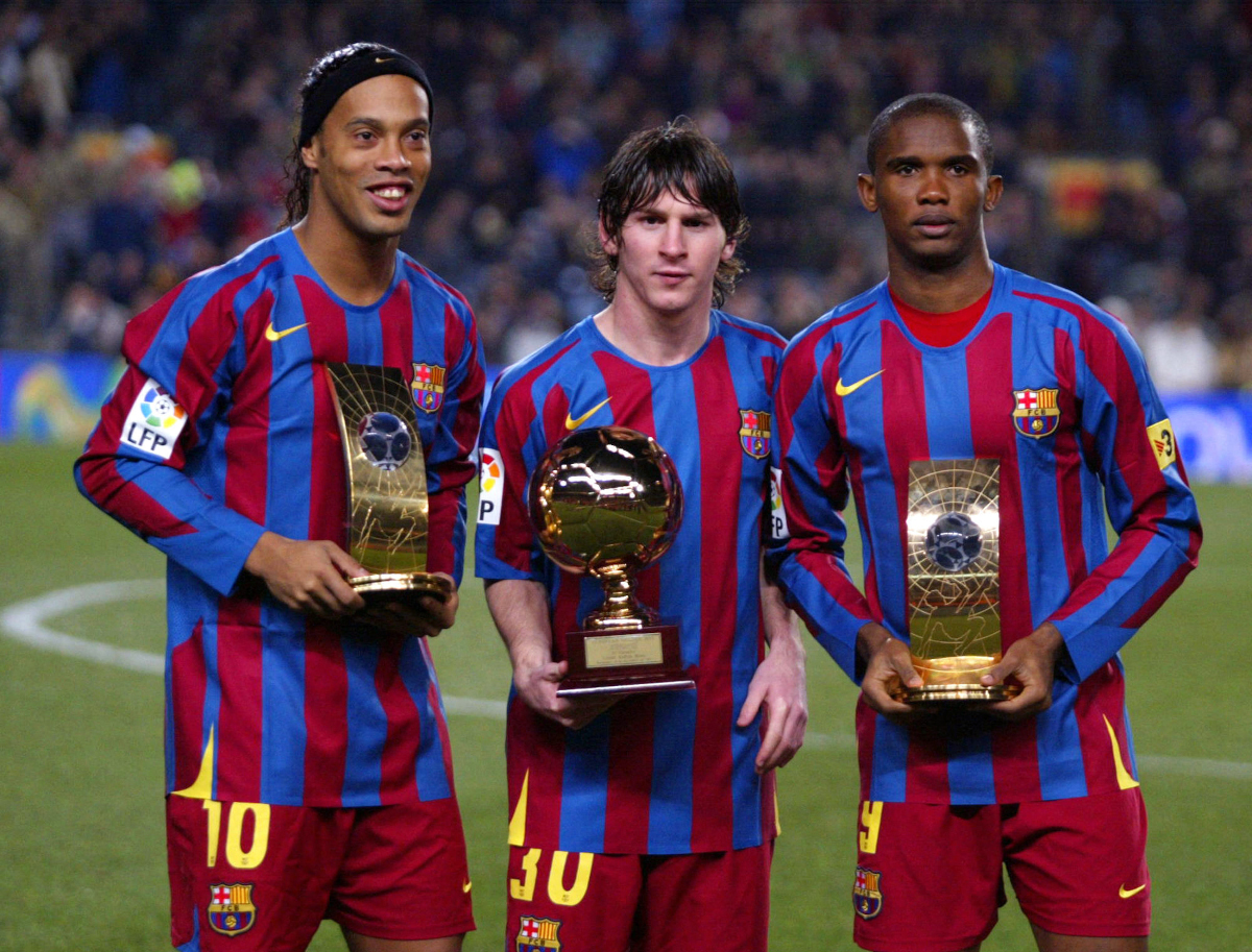 Ronaldinho, Lionel Messi and Samuel Eto'o in 2005 (©AFP)