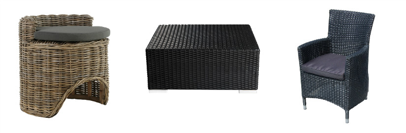 Hocker, Tisch und Stuhl aus Polyrattan