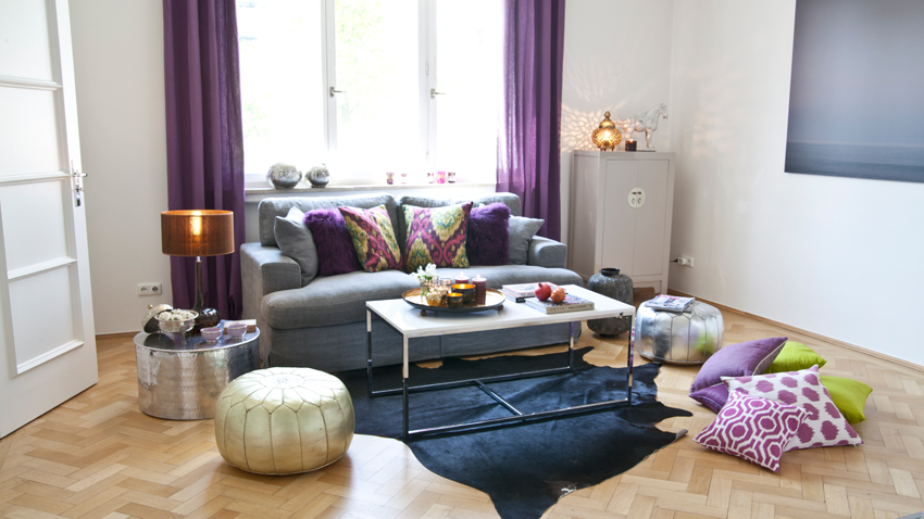 Wohnzimmer schiebevorhang in weiÃ, silber und grau mit dunklen ...