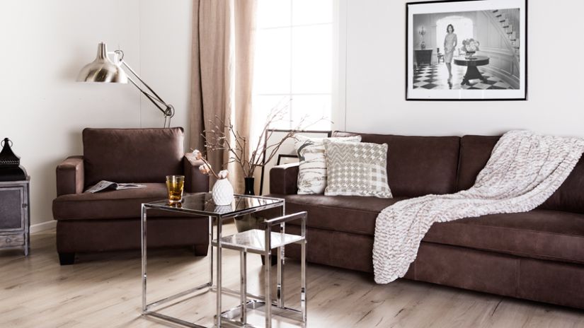 Fauteuil en cuir marron et canapé