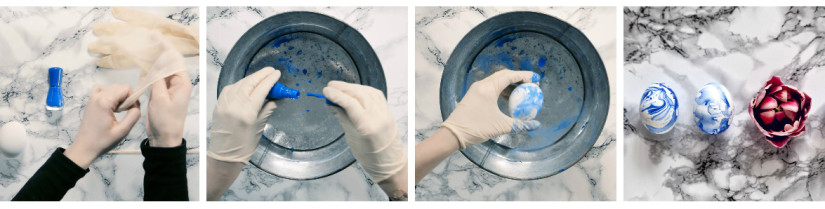 paaseieren versieren blauw wit marmer rode bloem