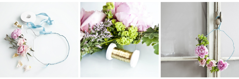 bloemenkrans DIY maken koperdraad oude kledinghanger blauw lint