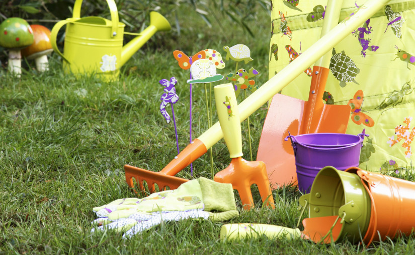 bladhark gereedschap voor kinderen gieter groen handschoenen paars