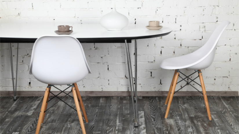 pvc vloer moderne stijl design stoel wit houten poot grijs