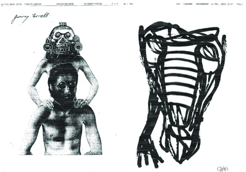 Faxed drawings by UK artist Jimmy Turrell (left) and Brazilian artist Carlos Dias (right)