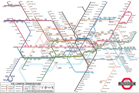 A hexalinear diagrammatic map of the London Underground using only horizontal lines and 60 degree diagonals