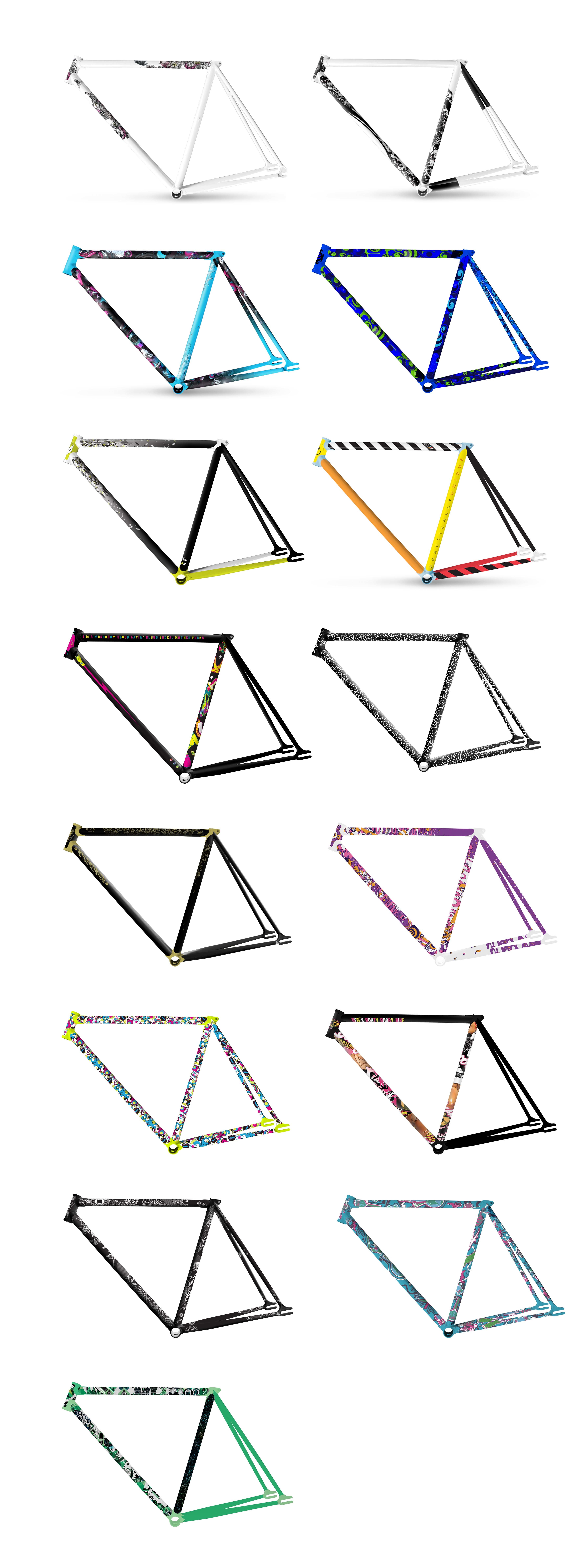 The 15 bike frames designed for the exhibition