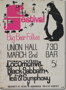 A gig poster featuring Locomotic, Black Sabbath, and Tea Symphony