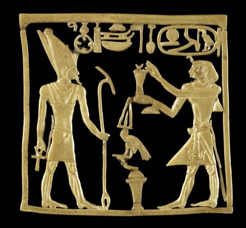 Gold plaque showing the Pharaoh Amenemhat IV offering to the god Atum, 1786 – 1777 BC