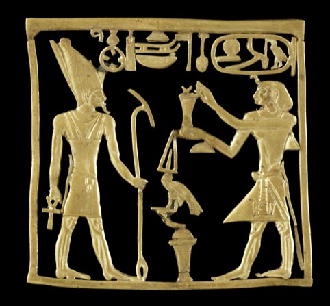 Gold plaque showing the Pharaoh Amenemhat IV offering to the god Atum, 1786 – 1777 BC 