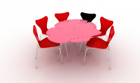 Embrace part 1, pink table Peter Cook and Yael Reisner with Arne Jacobsen chairs