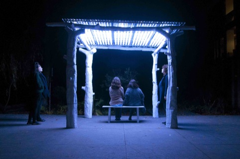 The summer shelter retreats darkly among the trees 