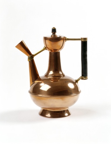 Coffee pot made from copper designed by Christopher Dresser and made by Benham and Froud c1888