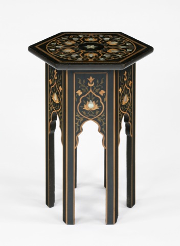 Ebonised wood occasional table with a hexagonal top and inlaid decoration of mother of pearl made in England c1890