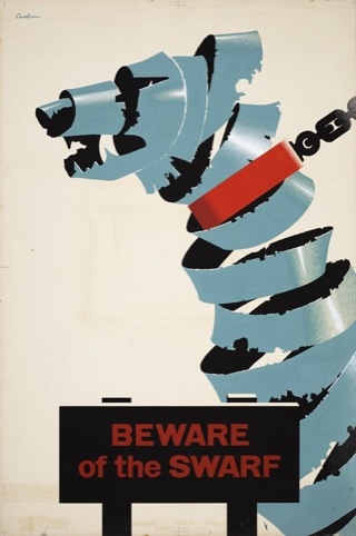 Beware of the Swarf. Handrendered artwork - industrial safety by Leonard Cusden 1951. The Royal Society for the Prevention of Accidents