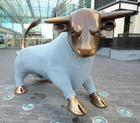 The Birmingham bullring bull with Christmas jumper