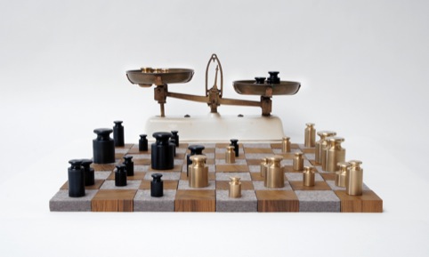 Weighing up the Competiton, by Rolf Sachs. Brass, Black Enamel, Teak, Felt. 