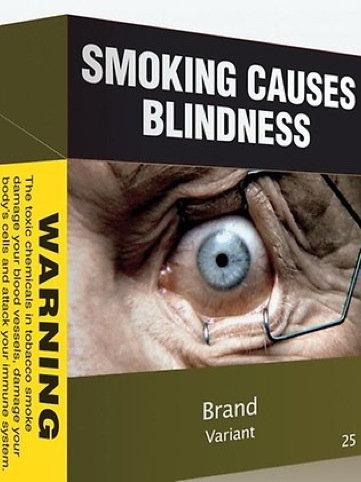 An example of standardised, plain cigarette packaging. 