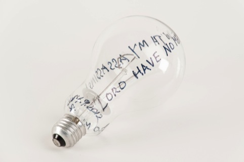 A standard lightbulb, as chosen and graffitied by Thomas Heatherwick 