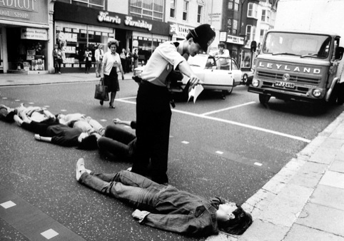 From the Argus Archives, anti-nuclear protestors block the road by lying down. London Road, 1982